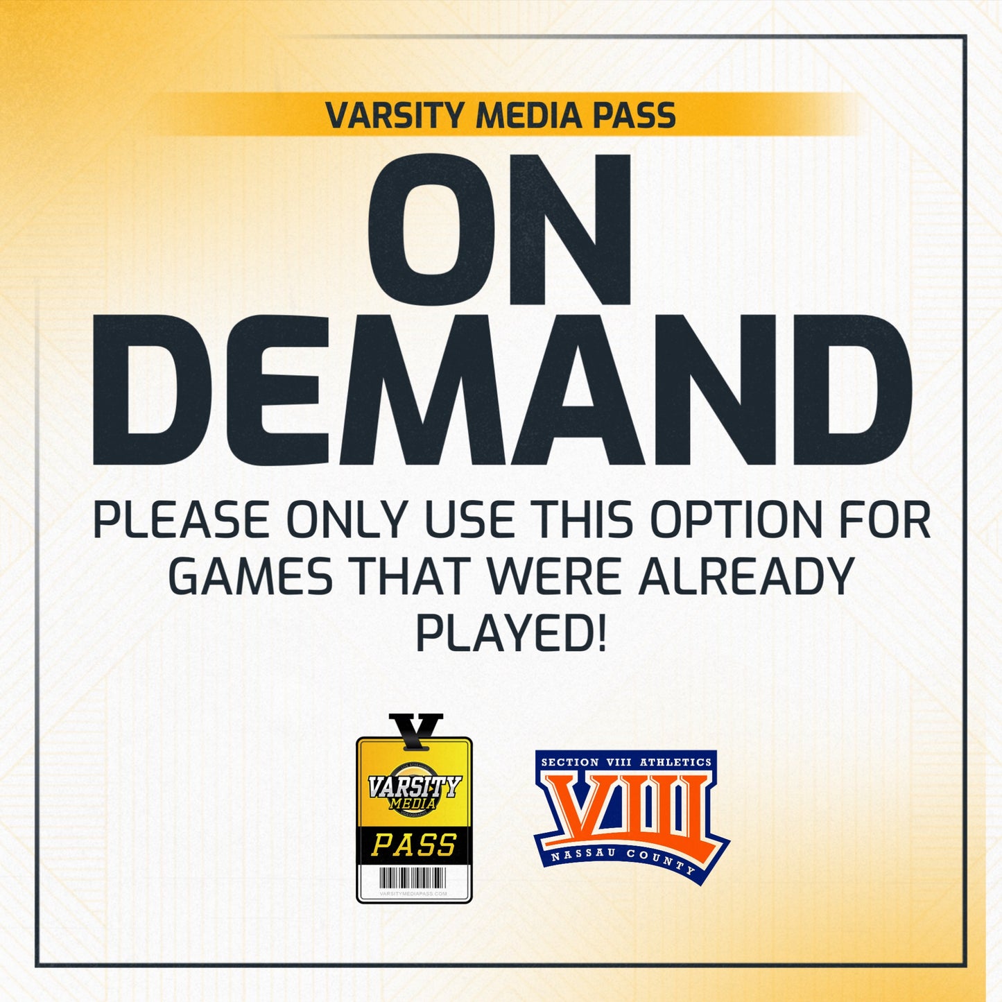Nassau County Playoffs ON DEMAND Ordering - Please Write in the Game You Are Ordering