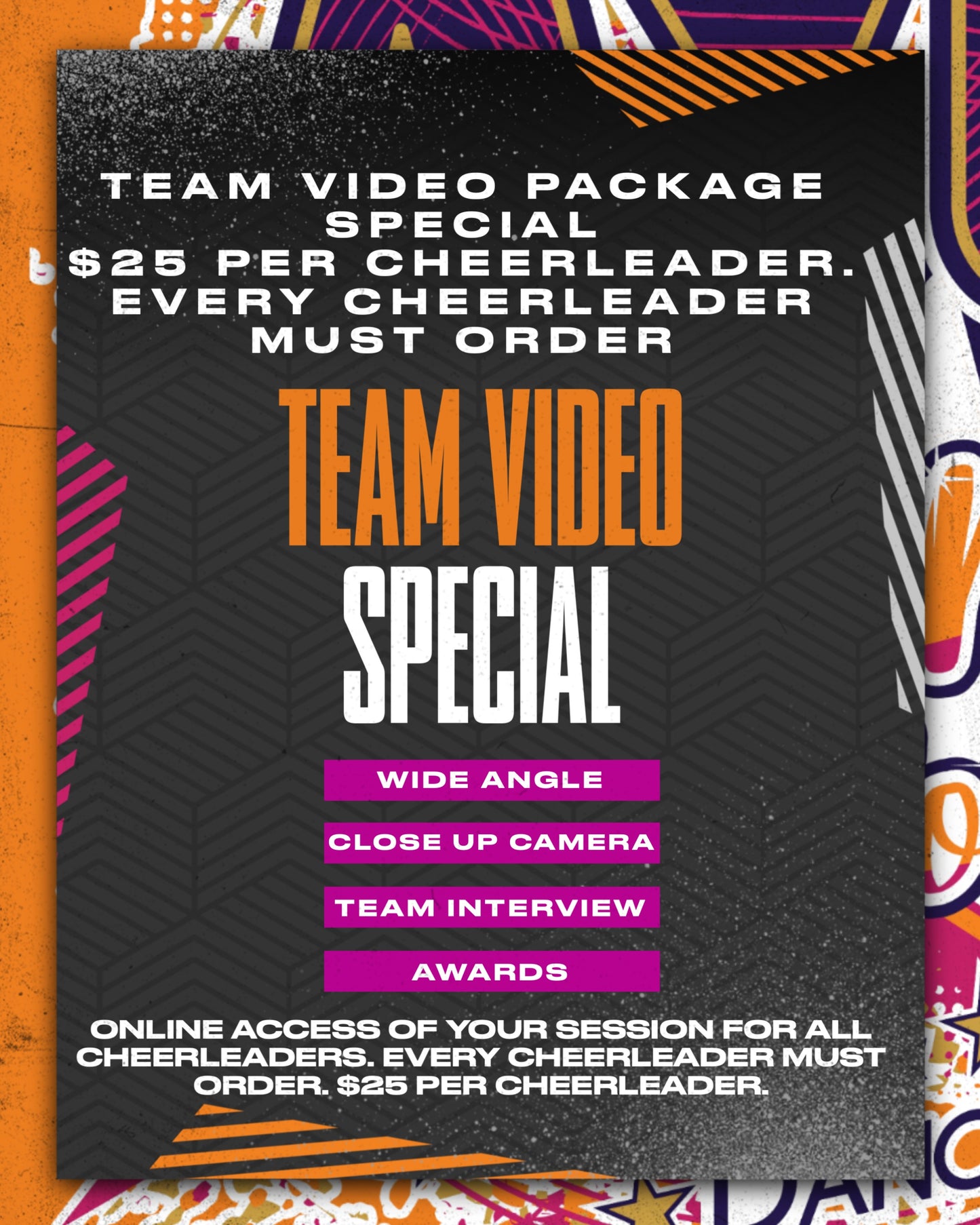 '24 AYC TEAM VIDEO PACKAGE SPECIAL. GOOD FOR ONE DAY OF PERFORMANCE. MUST ORDER AGAIN FOR DAY TWO. EVERY CHEERLEADER MUST PARTICIPATE.