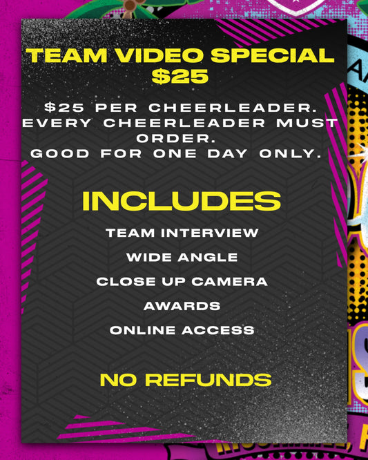'25 AYC TEAM VIDEO PACKAGE SPECIAL. GOOD FOR ONE DAY OF PERFORMANCE. MUST ORDER AGAIN FOR DAY TWO. EVERY CHEERLEADER MUST PARTICIPATE. (NO REFUNDS)