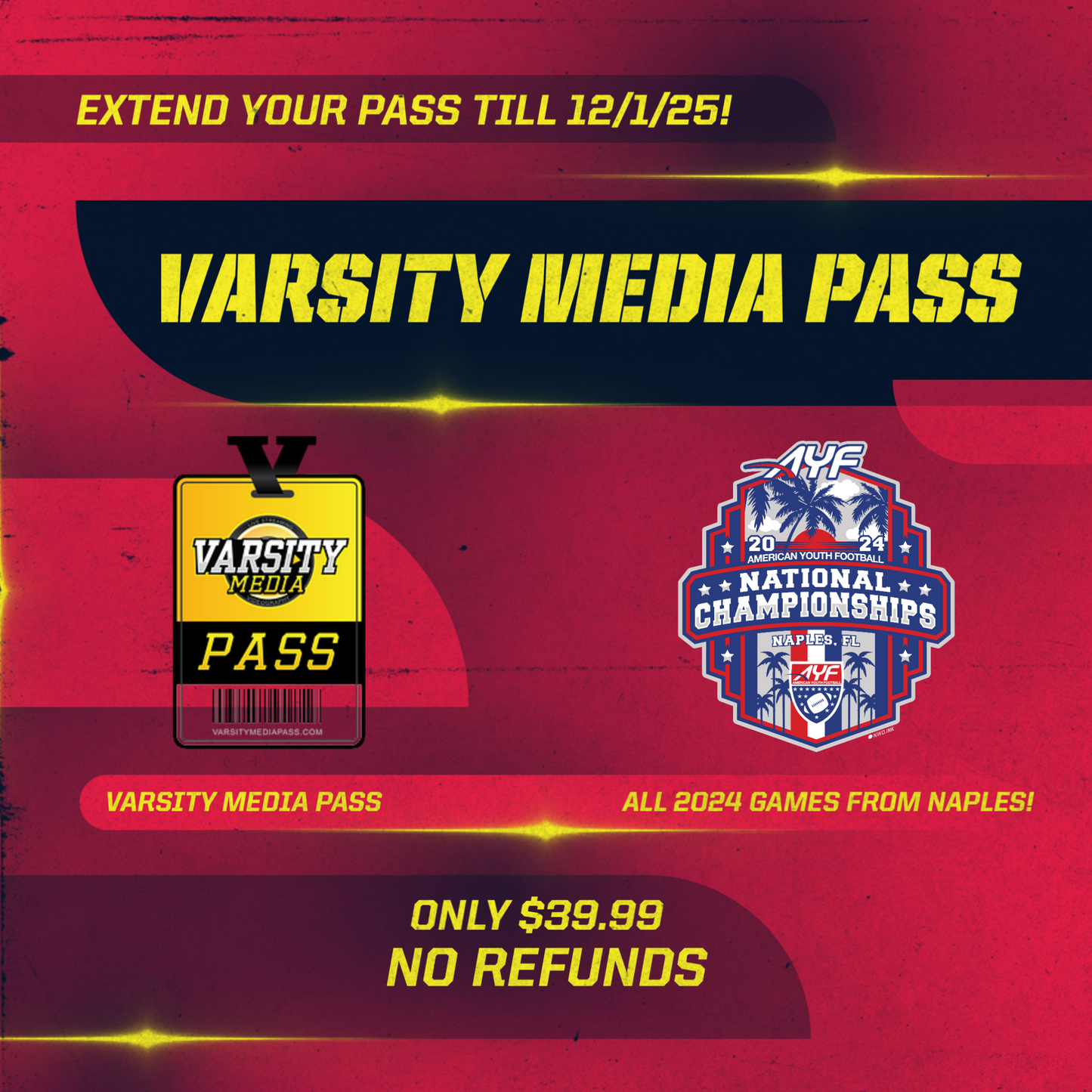 2024 AYF NATIONAL CHAMPIONSHIPS PASS - EXTENDED UNTIL 12/1/25 ONLY $39.99 - ALL GAMES FROM '24 NATIONAL CHAMPIONSHIPS ON DEMAND. NO REFUNDS!